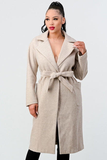 Waist Tie Side Pockets Midi Length Coat - Brinxx Couture