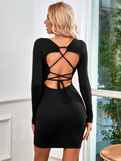 Knitted Square Neck Back Tie Long Sleeve Dress - Brinxx Couture