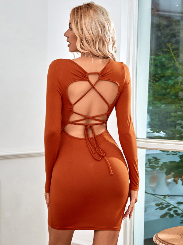 Knitted Square Neck Back Tie Long Sleeve Dress - Brinxx Couture