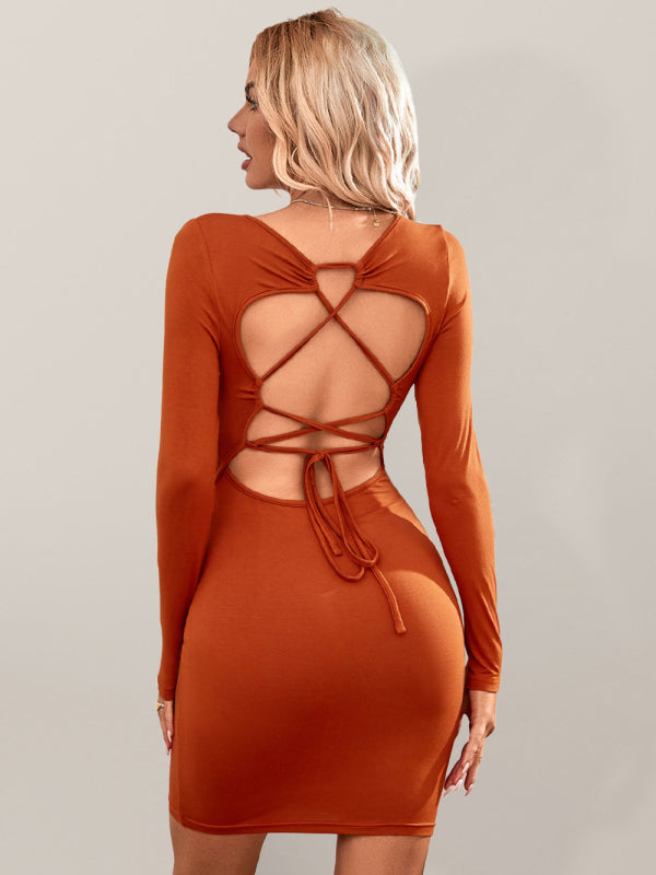 Knitted Square Neck Back Tie Long Sleeve Dress - Brinxx Couture