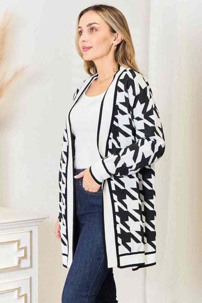 Woven Houndstooth Open Front Cardigan - Brinxx Couture