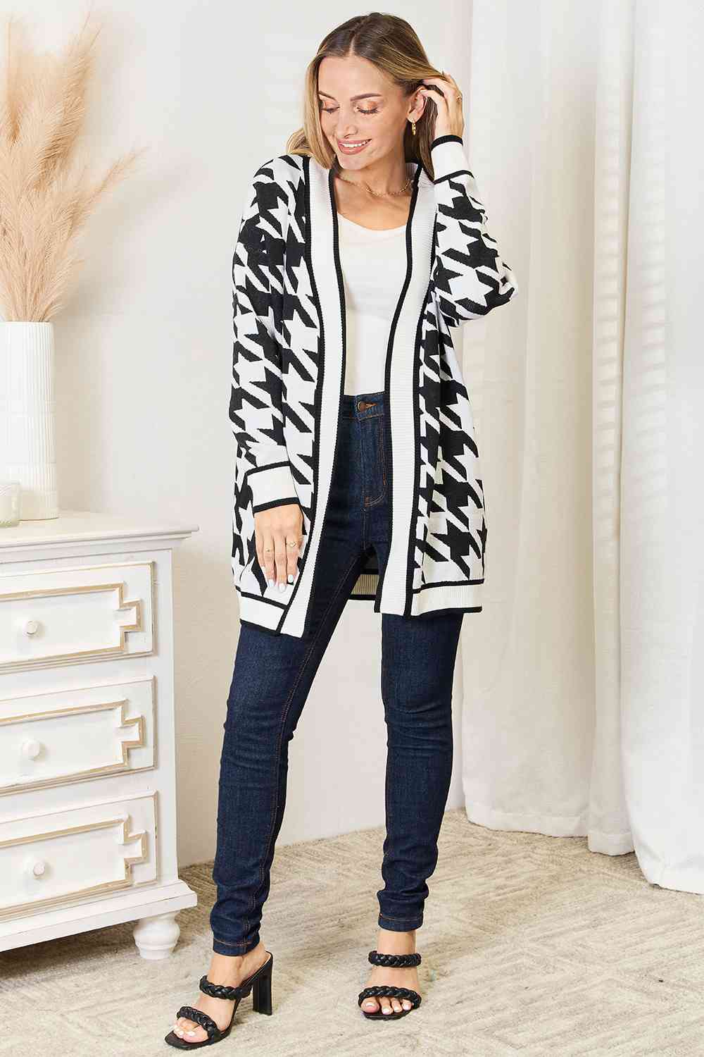 Woven Houndstooth Open Front Cardigan - Brinxx Couture