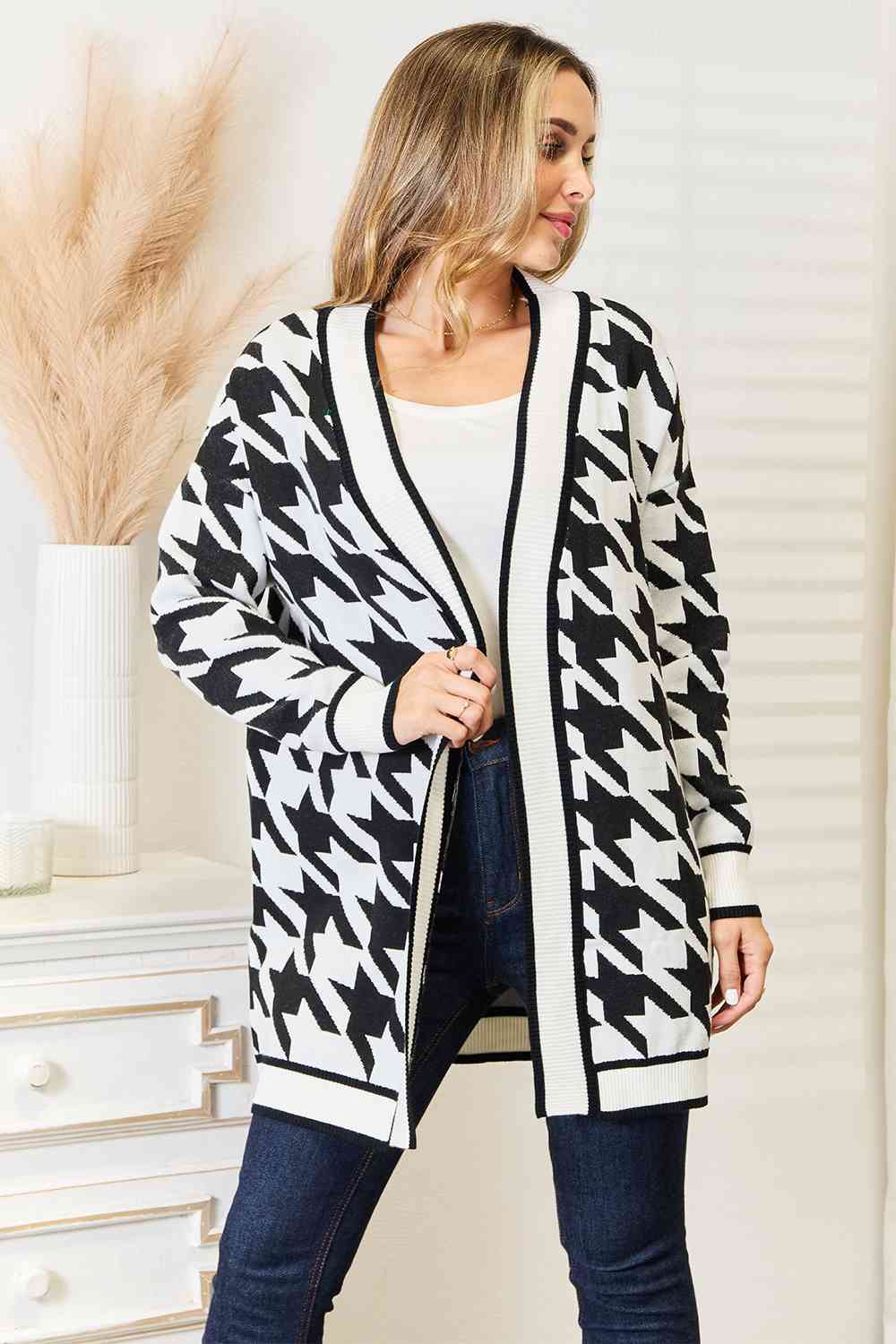 Woven Houndstooth Open Front Cardigan - Brinxx Couture