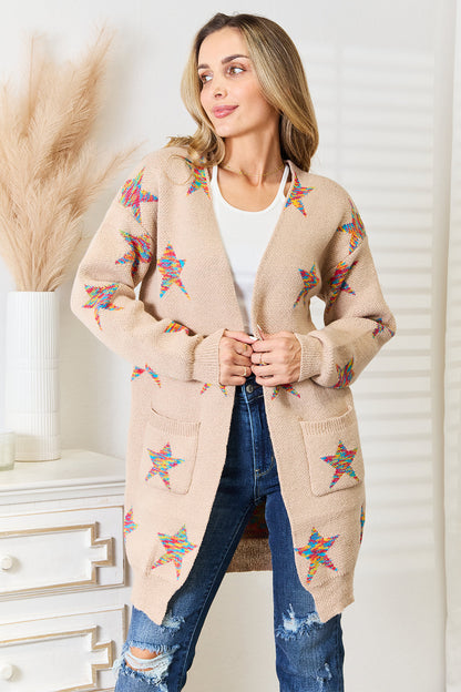 Star Pattern Open Front Longline Cardigan - Brinxx Couture