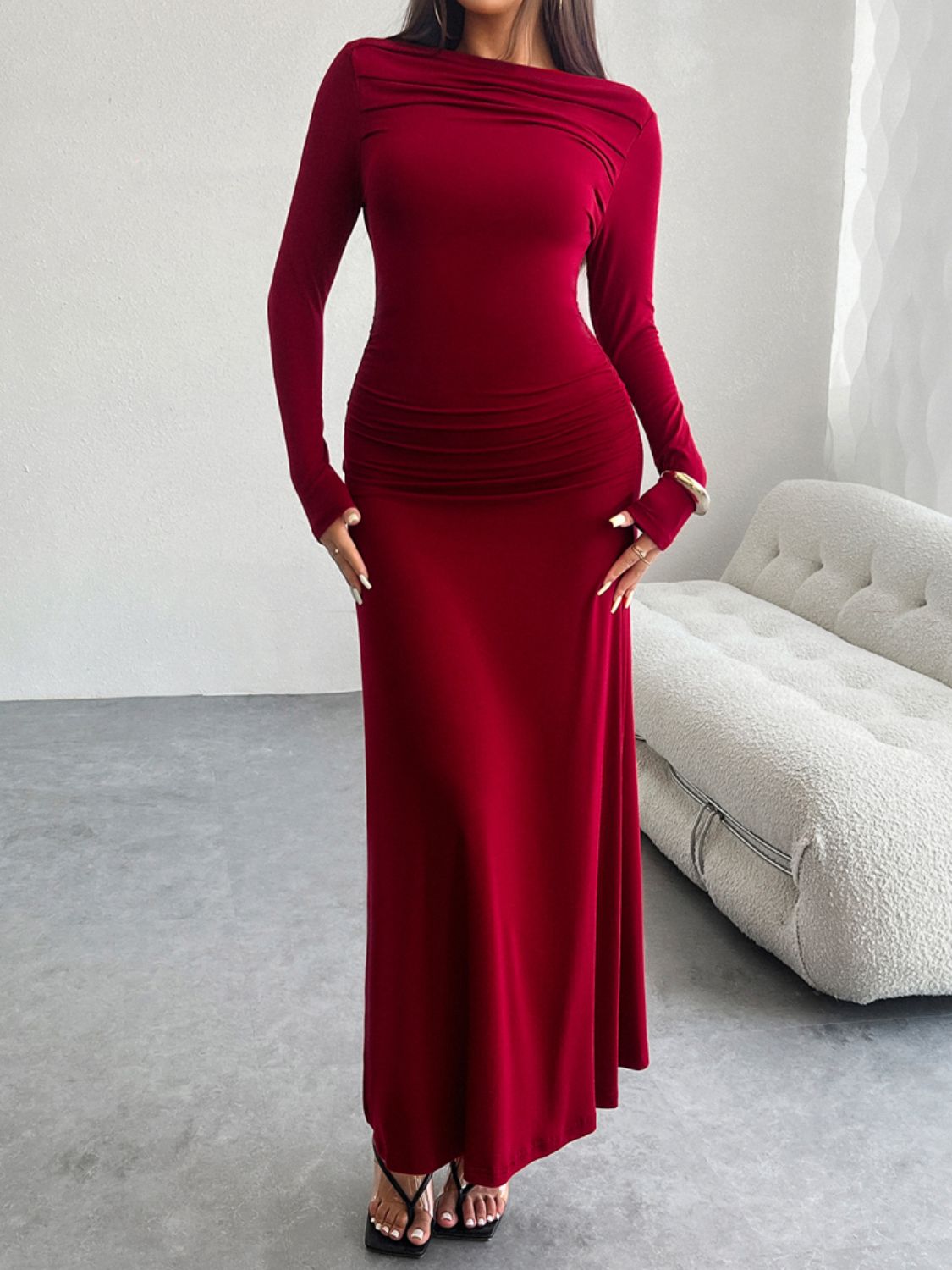 Ruched Long Sleeve Maxi Dress - Brinxx Couture