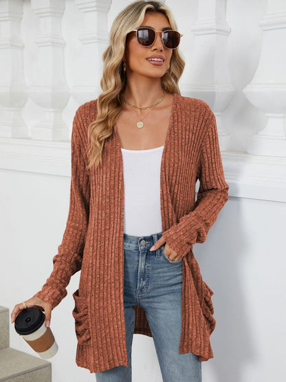 Pocketed Open Front Long Sleeve Cardigan - Brinxx Couture