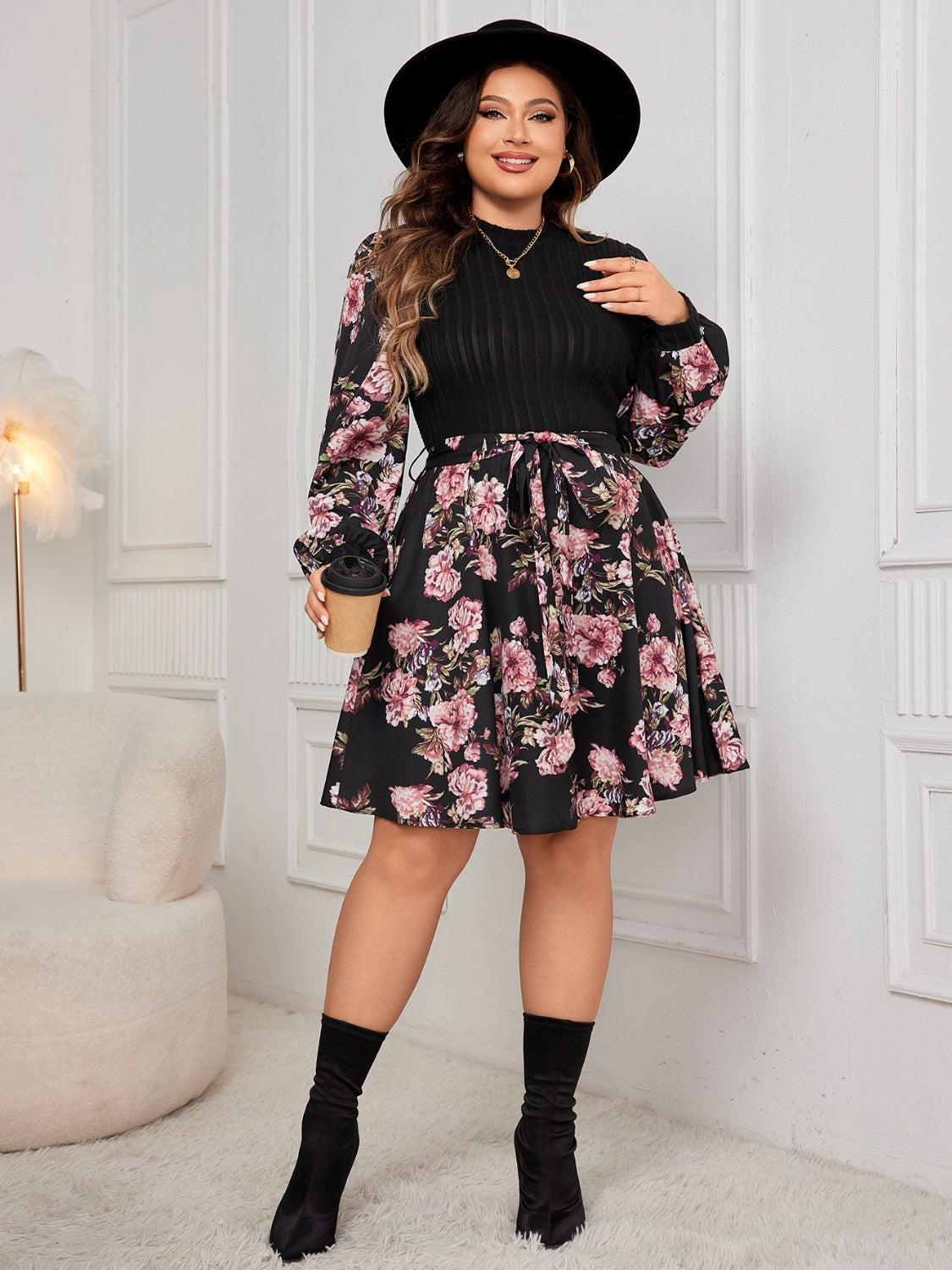 Plus Size Tied Floral Print Long Sleeve Dress - Brinxx Couture