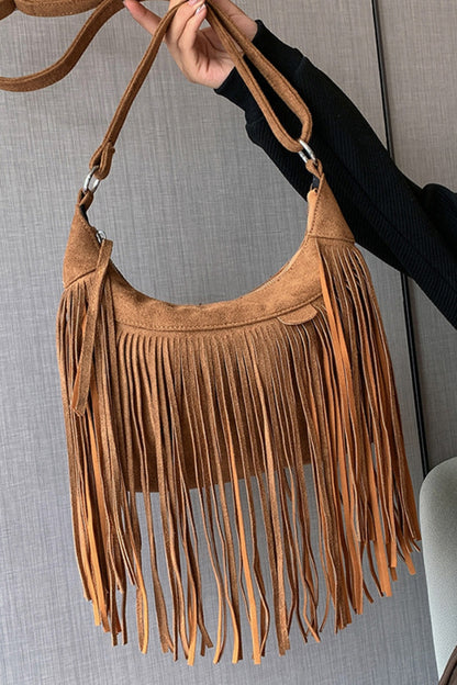 Suede Fringe Adjustable Strap Shoulder Bag - Brinxx Couture