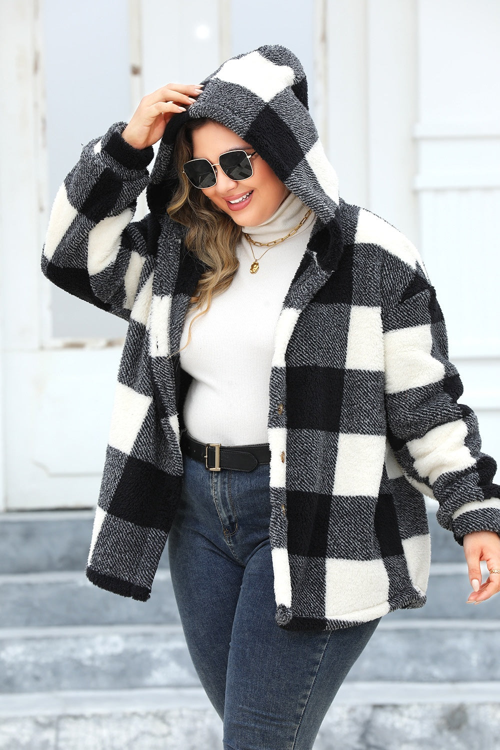 Plus Size Plaid Button Up Hooded Jacket - Brinxx Couture