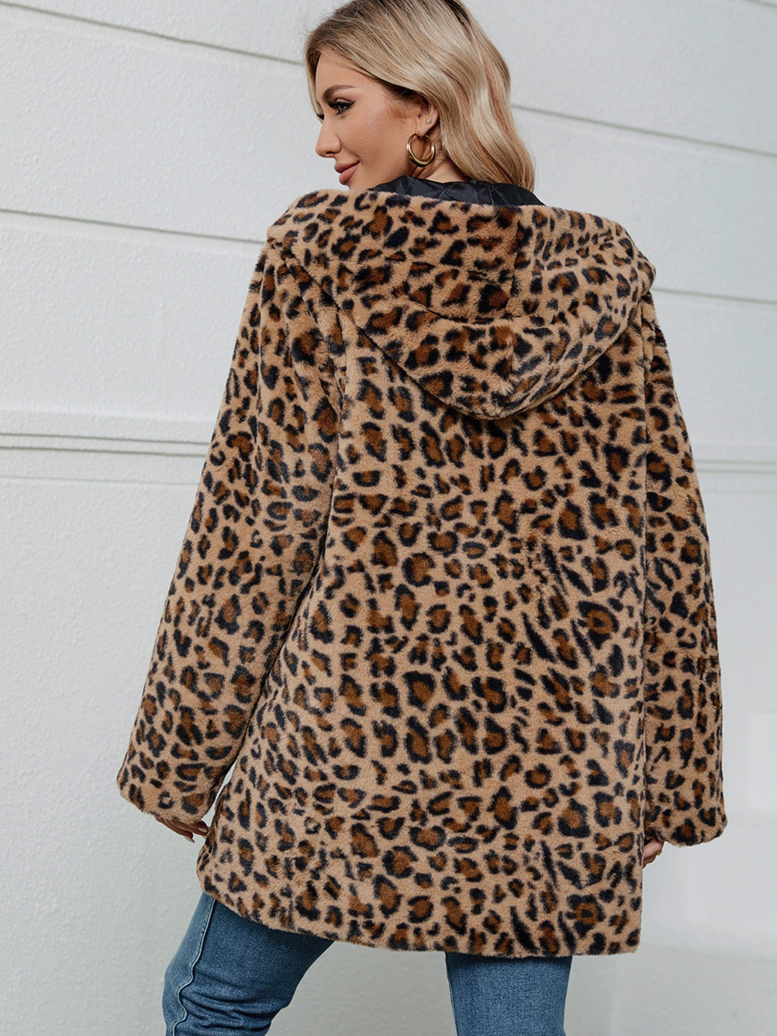 Fuzzy Leopard Hooded Long Sleeve Jacket - Brinxx Couture