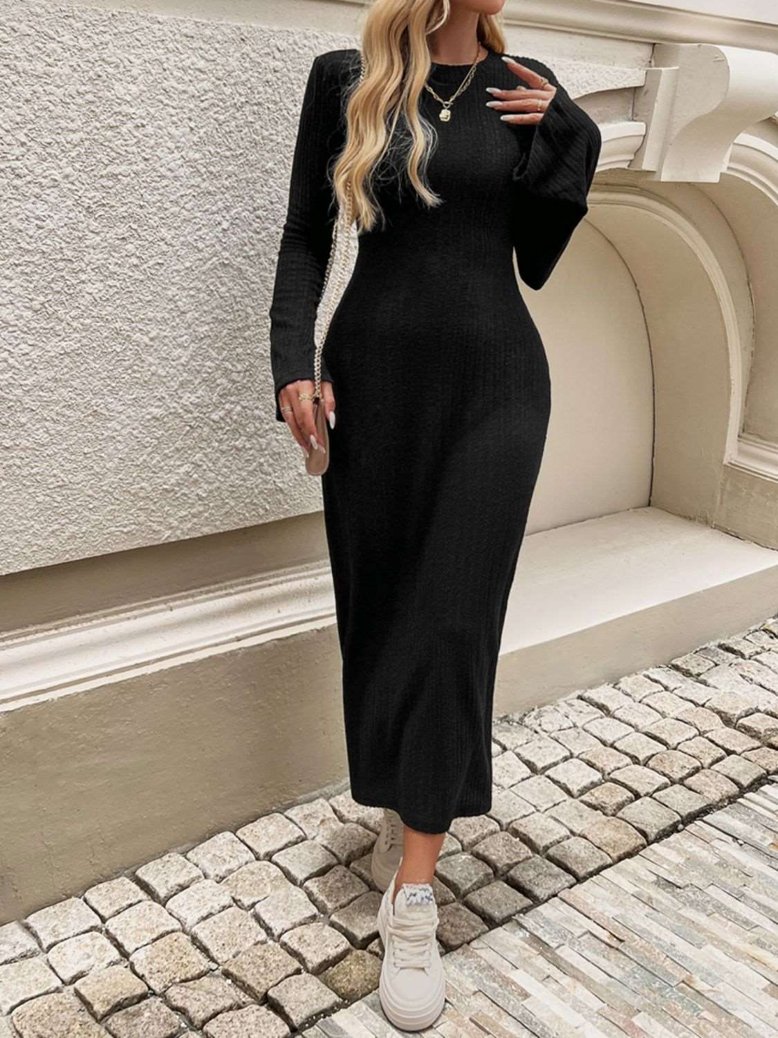 Tied Round Neck Long Sleeve Midi Dress - Brinxx Couture