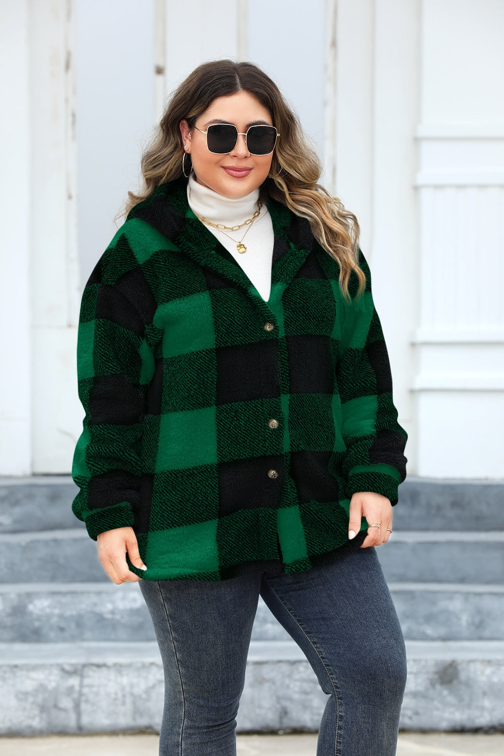 Plus Size Plaid Button Up Hooded Jacket - Brinxx Couture