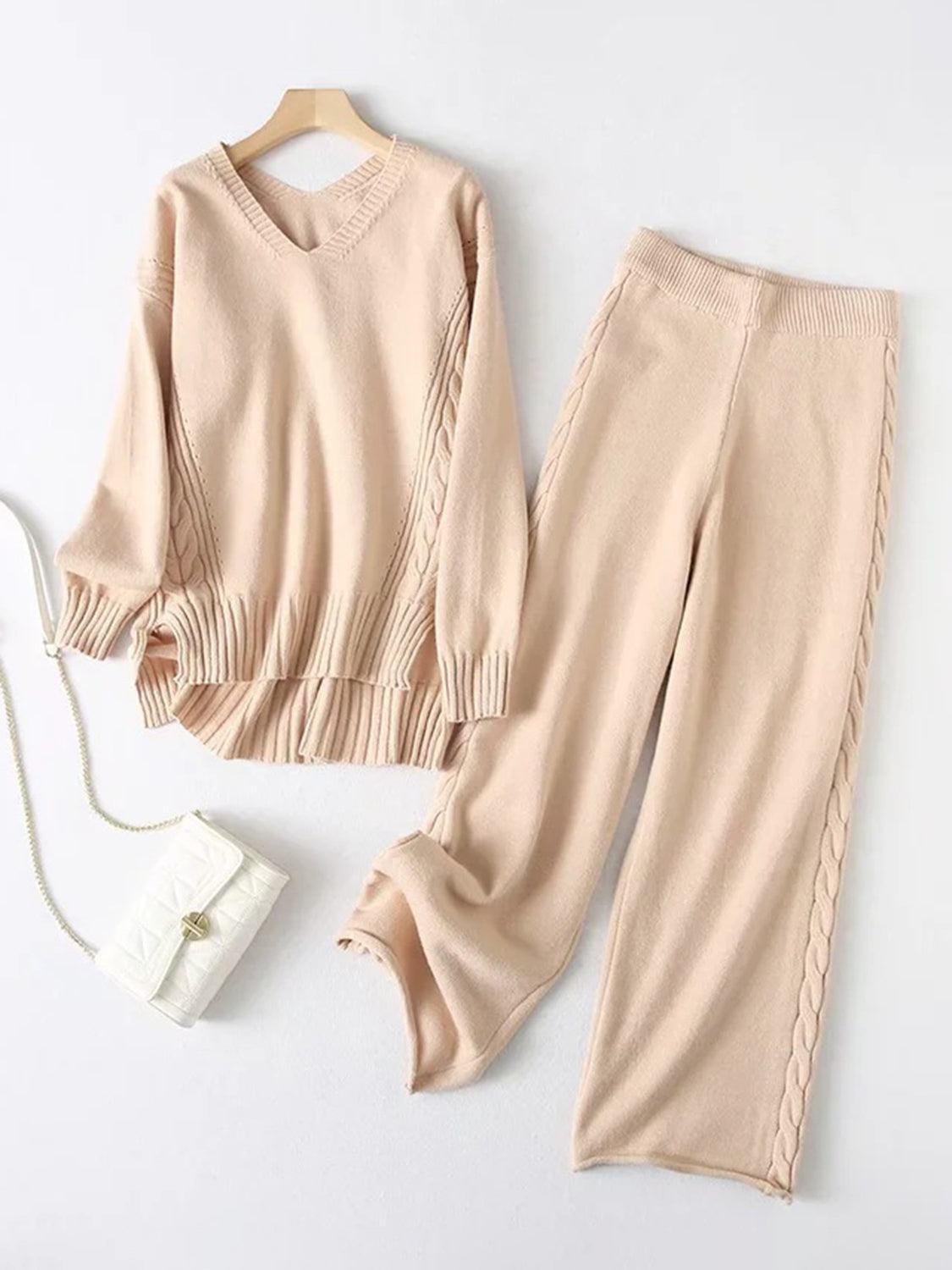 Slit V-Neck Long Sleeve Top and Pants Sweater Set - Brinxx Couture