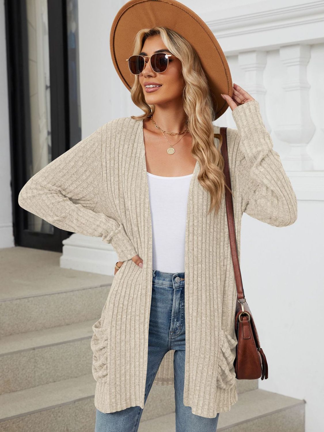 Pocketed Open Front Long Sleeve Cardigan - Brinxx Couture