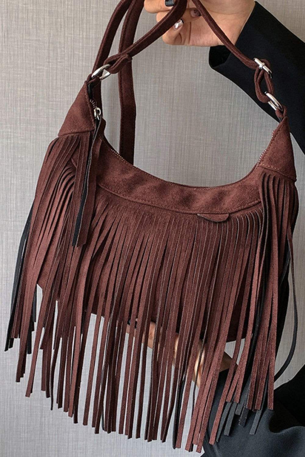 Suede Fringe Adjustable Strap Shoulder Bag - Brinxx Couture