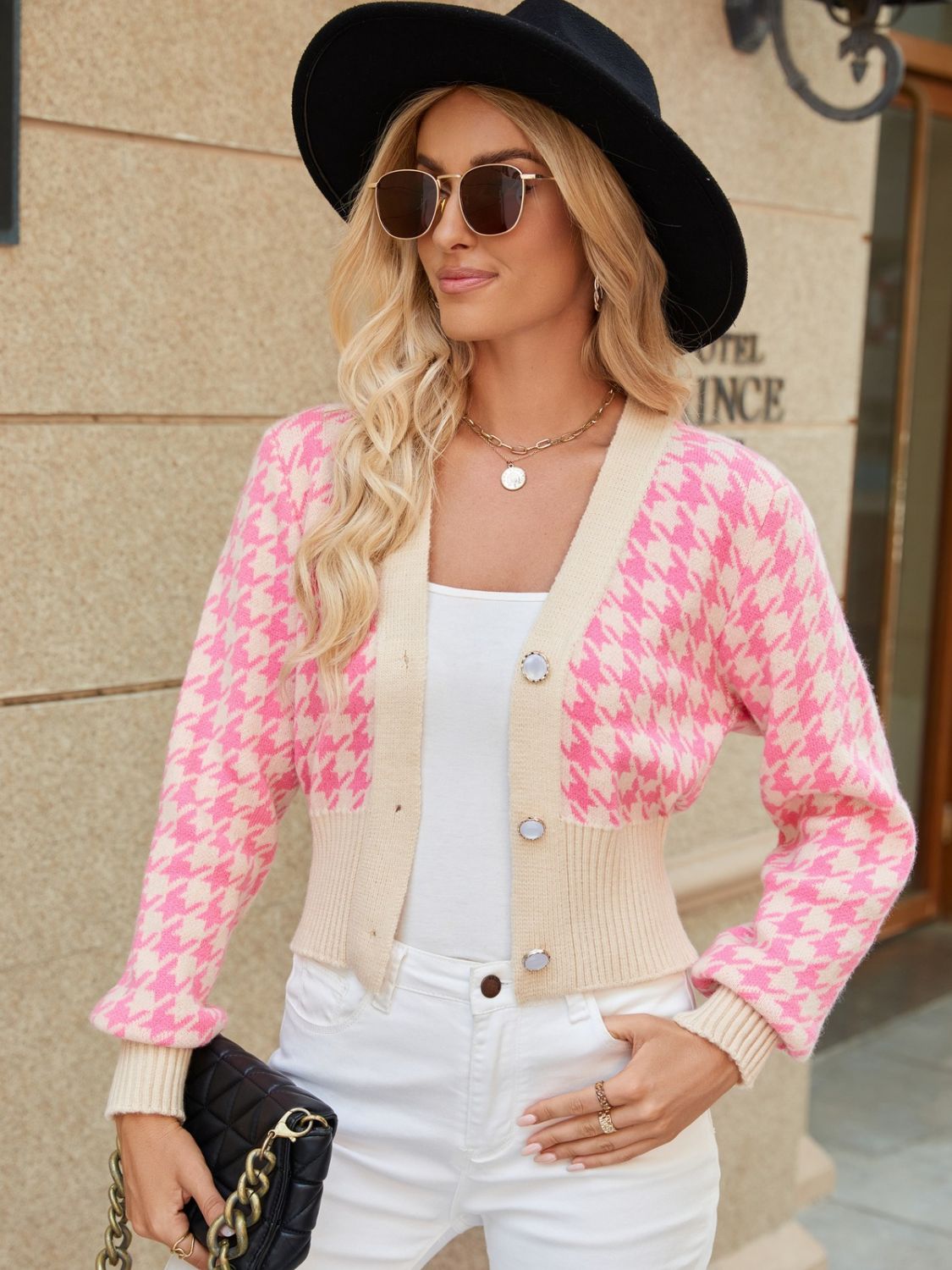 Houndstooth Button Up Long Sleeve Cardigan - Brinxx Couture