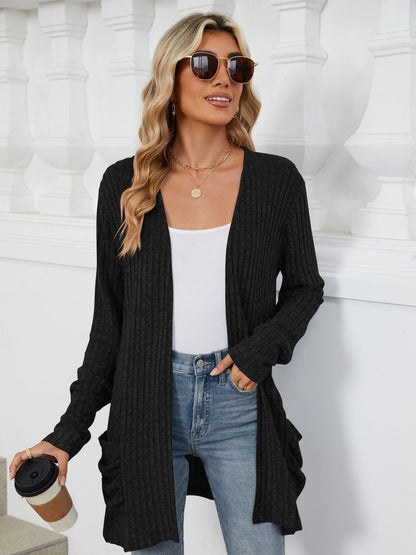 Pocketed Open Front Long Sleeve Cardigan - Brinxx Couture