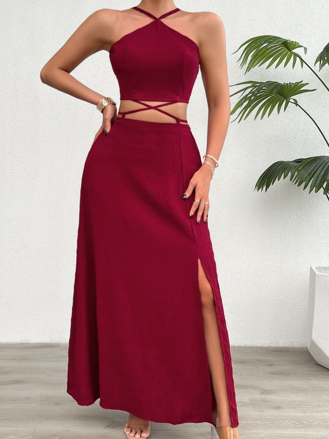 Grecian Neck Top and Slit Skirt Set - Brinxx Couture