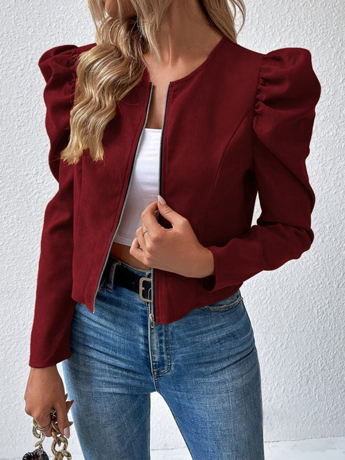 Puff Sleeve Zip Up Jacket - Brinxx Couture