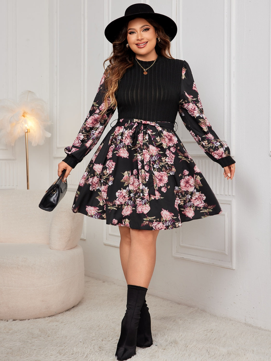 Plus Size Tied Floral Print Long Sleeve Dress - Brinxx Couture