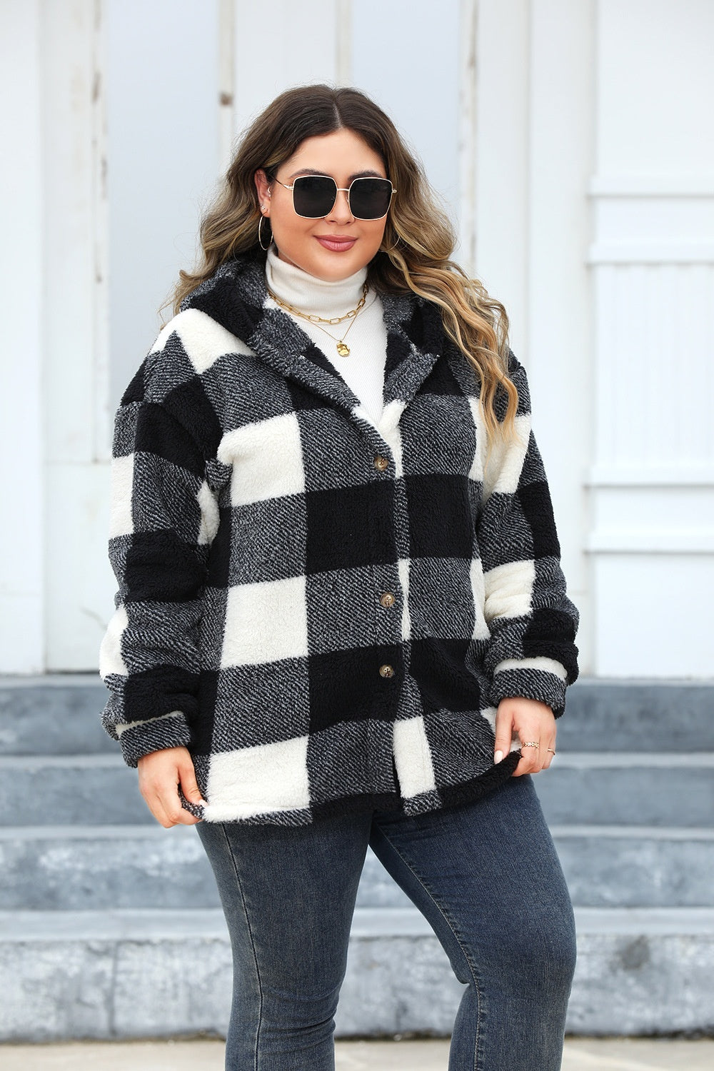 Plus Size Plaid Button Up Hooded Jacket - Brinxx Couture