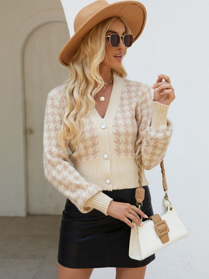 Houndstooth Button Up Long Sleeve Cardigan - Brinxx Couture