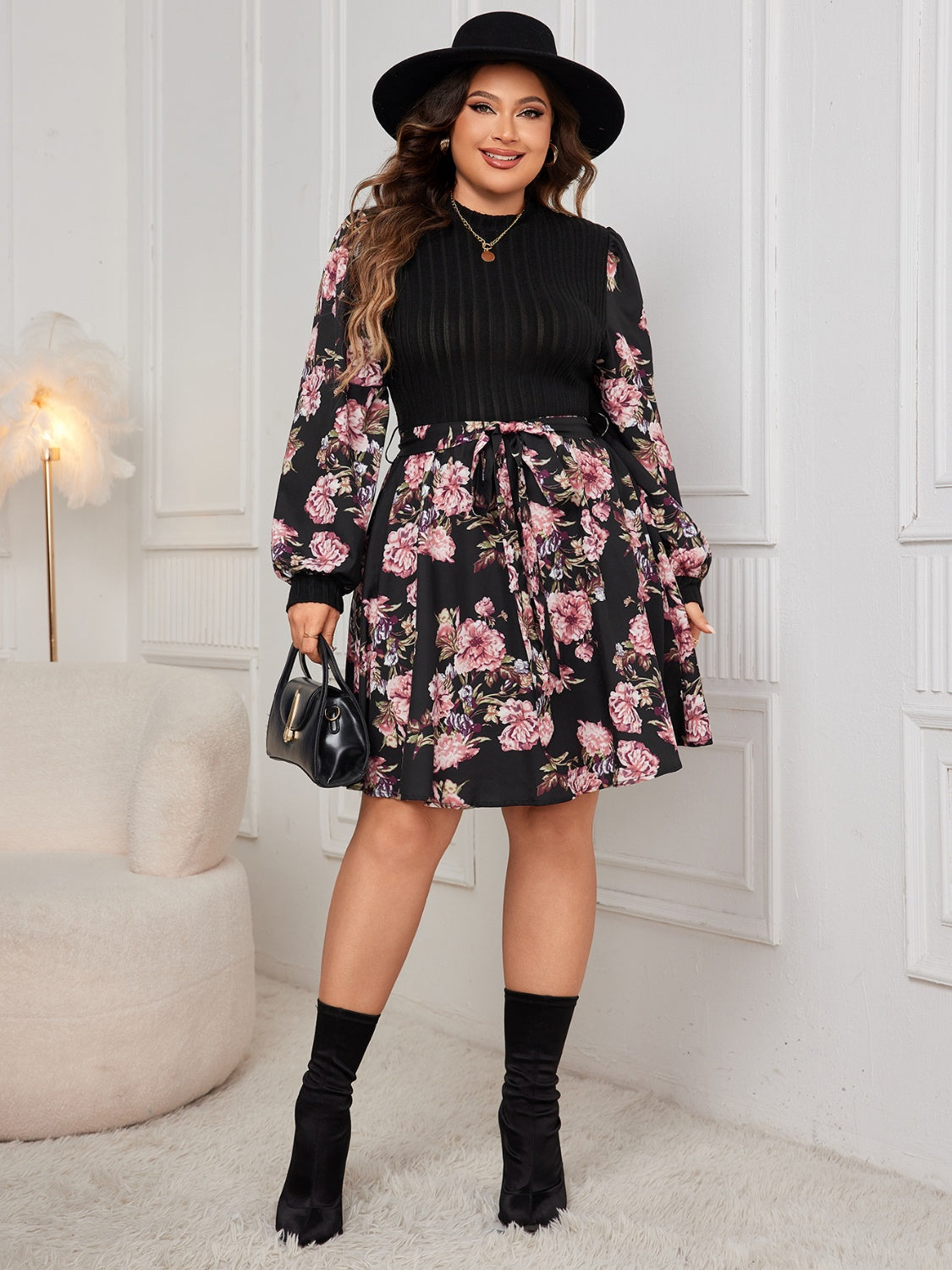 Plus Size Tied Floral Print Long Sleeve Dress - Brinxx Couture