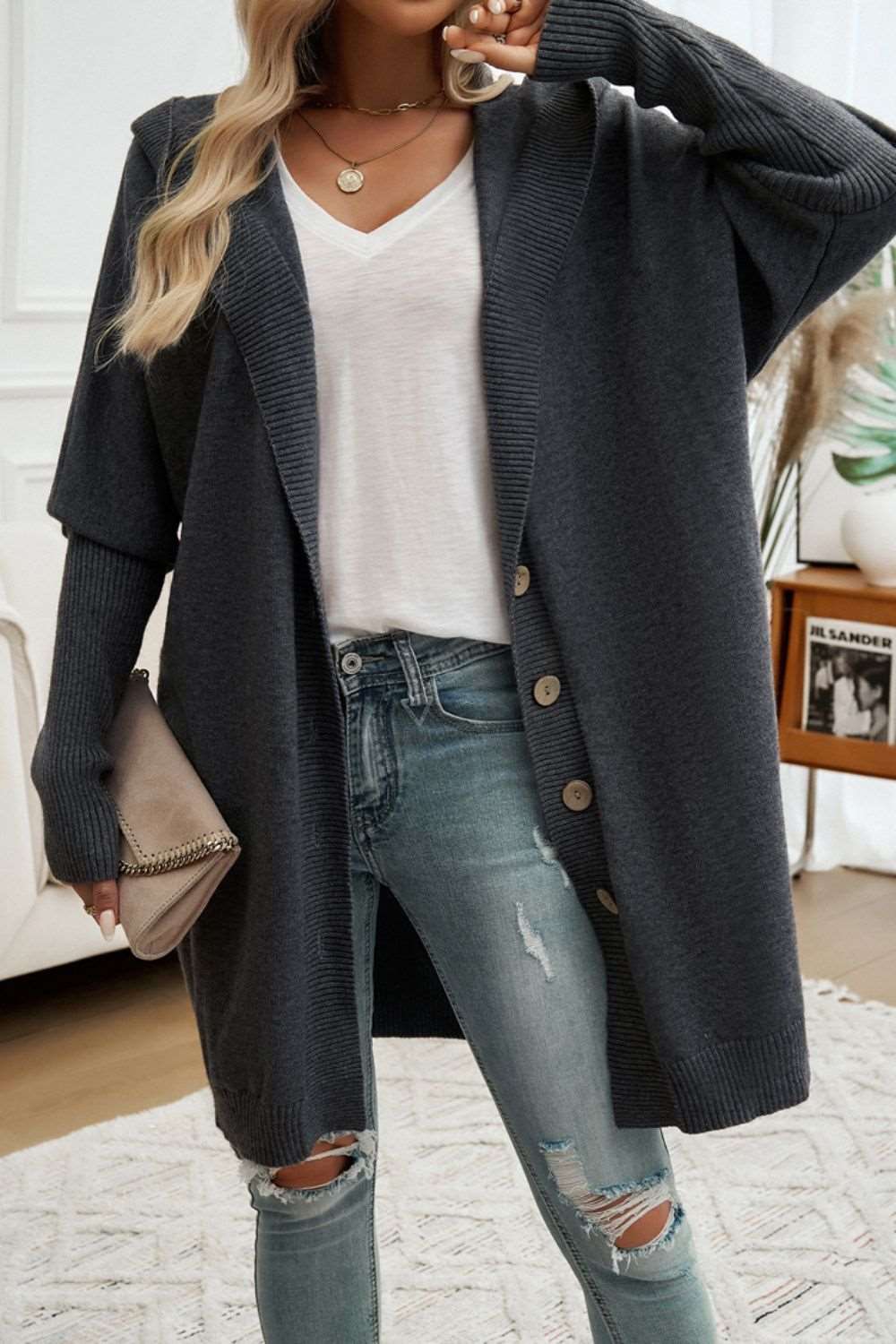 Button Up Long Sleeve Hooded Cardigan - Brinxx Couture