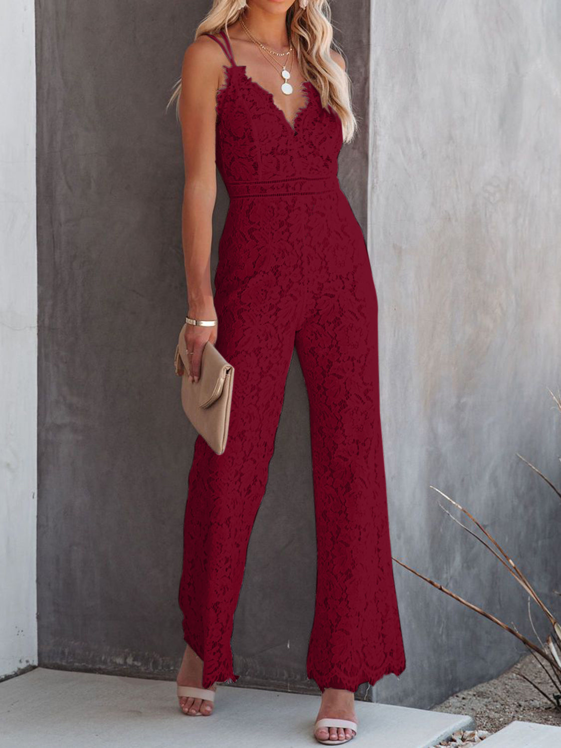 Lace V-Neck Spaghetti Strap Jumpsuit - Brinxx Couture