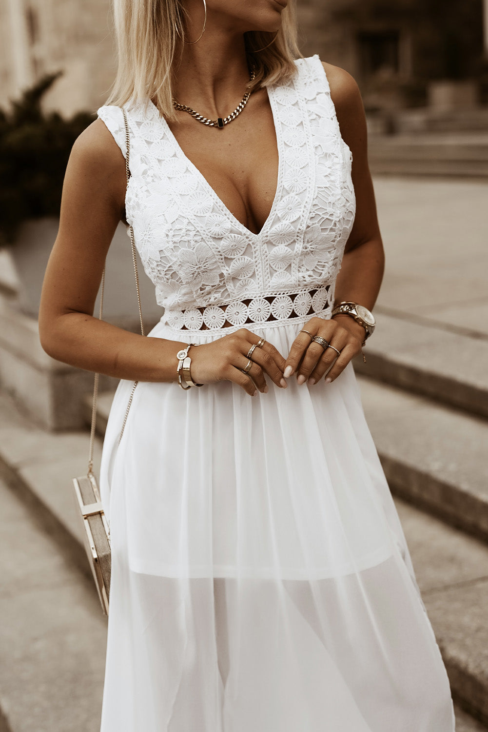 Slit Lace Detail V-Neck Dress - Brinxx Couture