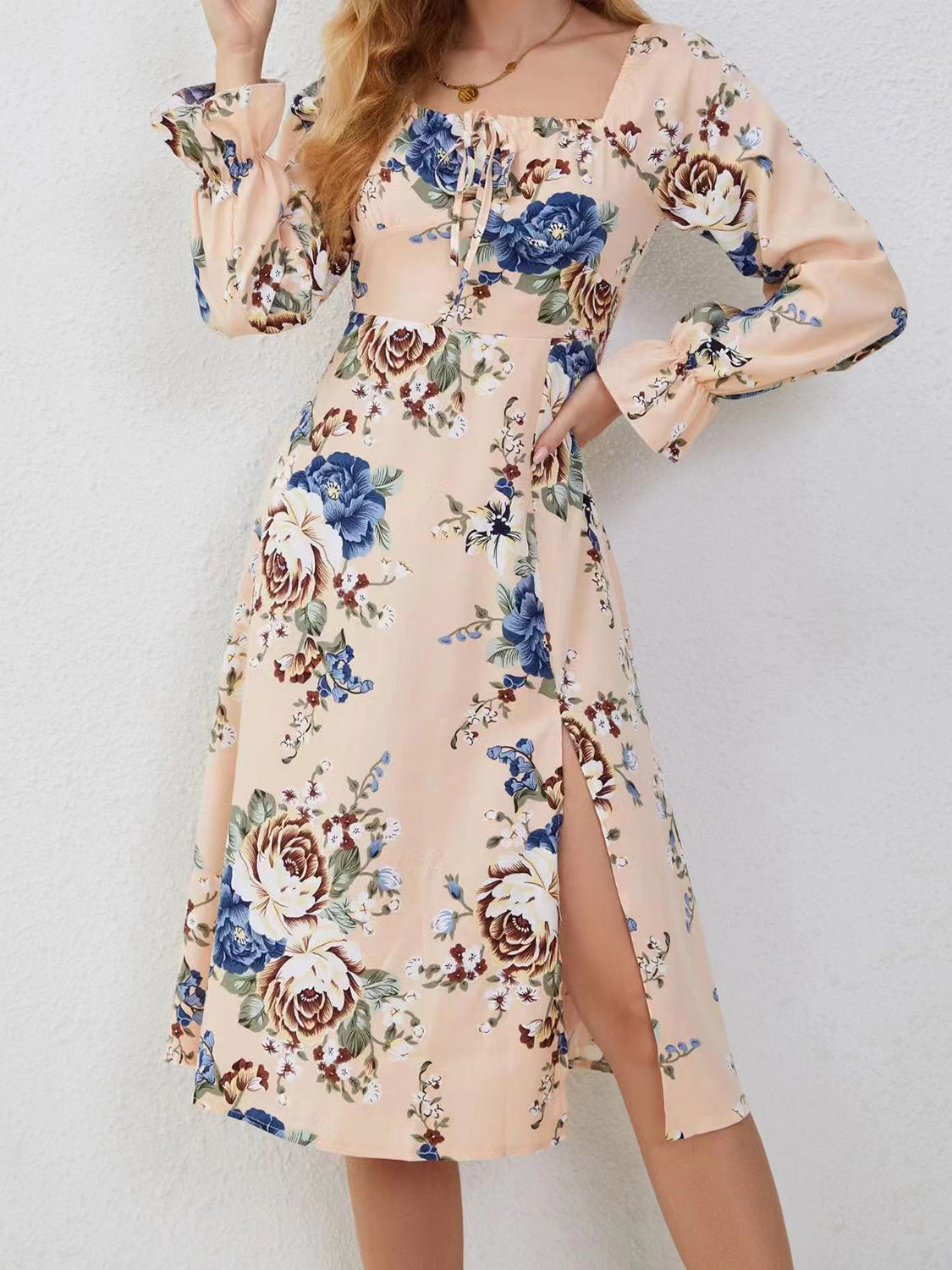 Slit Printed Square Neck Flounce Sleeve Dress - Brinxx Couture