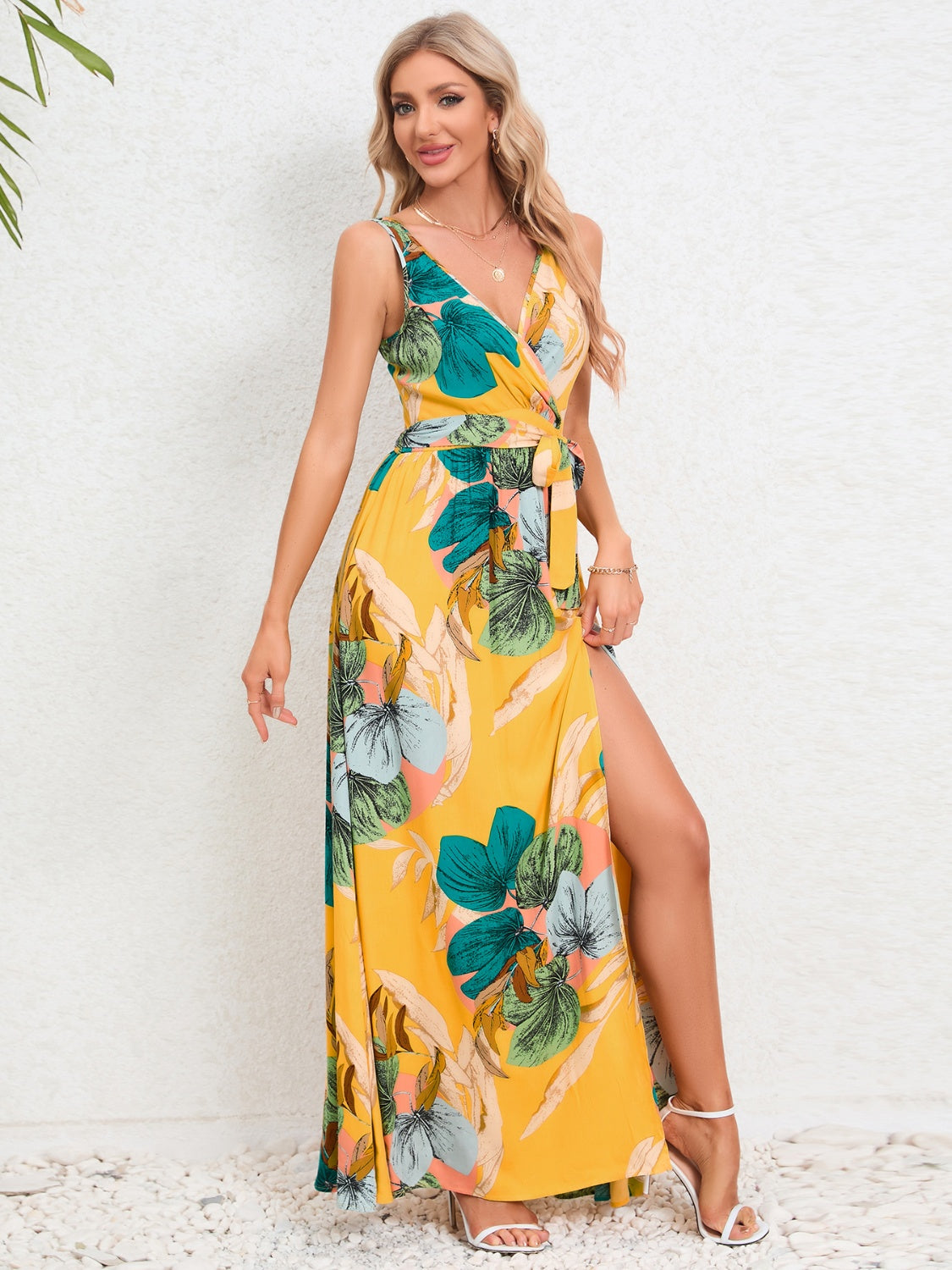 Slit Tied Printed Surplice Dress - Brinxx Couture