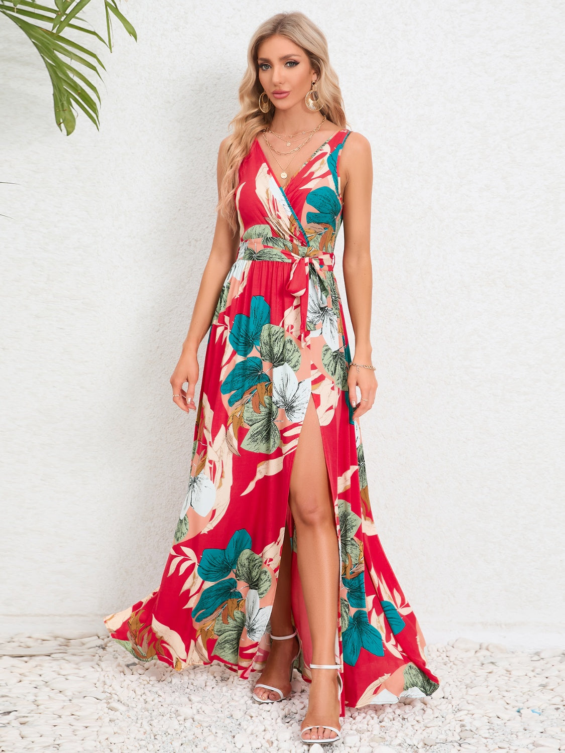 Slit Tied Printed Surplice Dress - Brinxx Couture