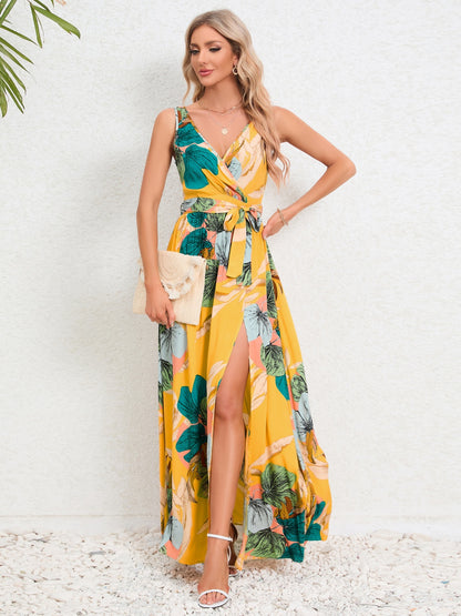 Slit Tied Printed Surplice Dress - Brinxx Couture