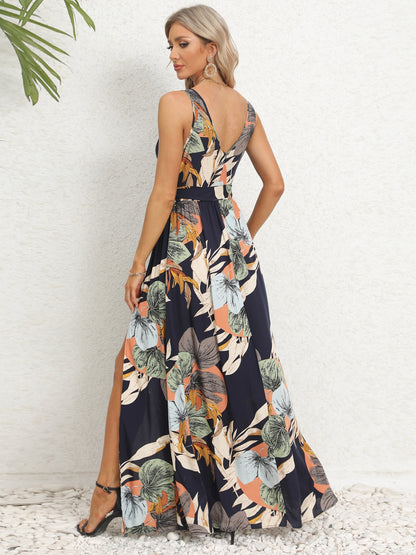 Slit Tied Printed Surplice Dress - Brinxx Couture