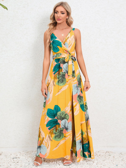 Slit Tied Printed Surplice Dress - Brinxx Couture