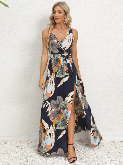 Slit Tied Printed Surplice Dress - Brinxx Couture