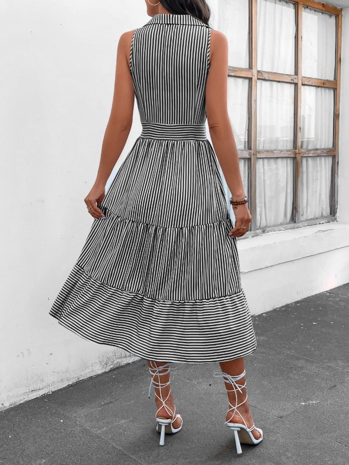 Striped Johnny Collar Sleeveless Midi Dress - Brinxx Couture