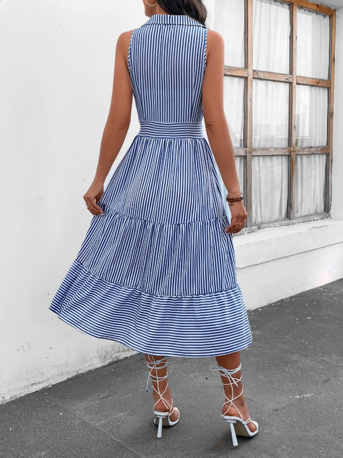 Striped Johnny Collar Sleeveless Midi Dress - Brinxx Couture