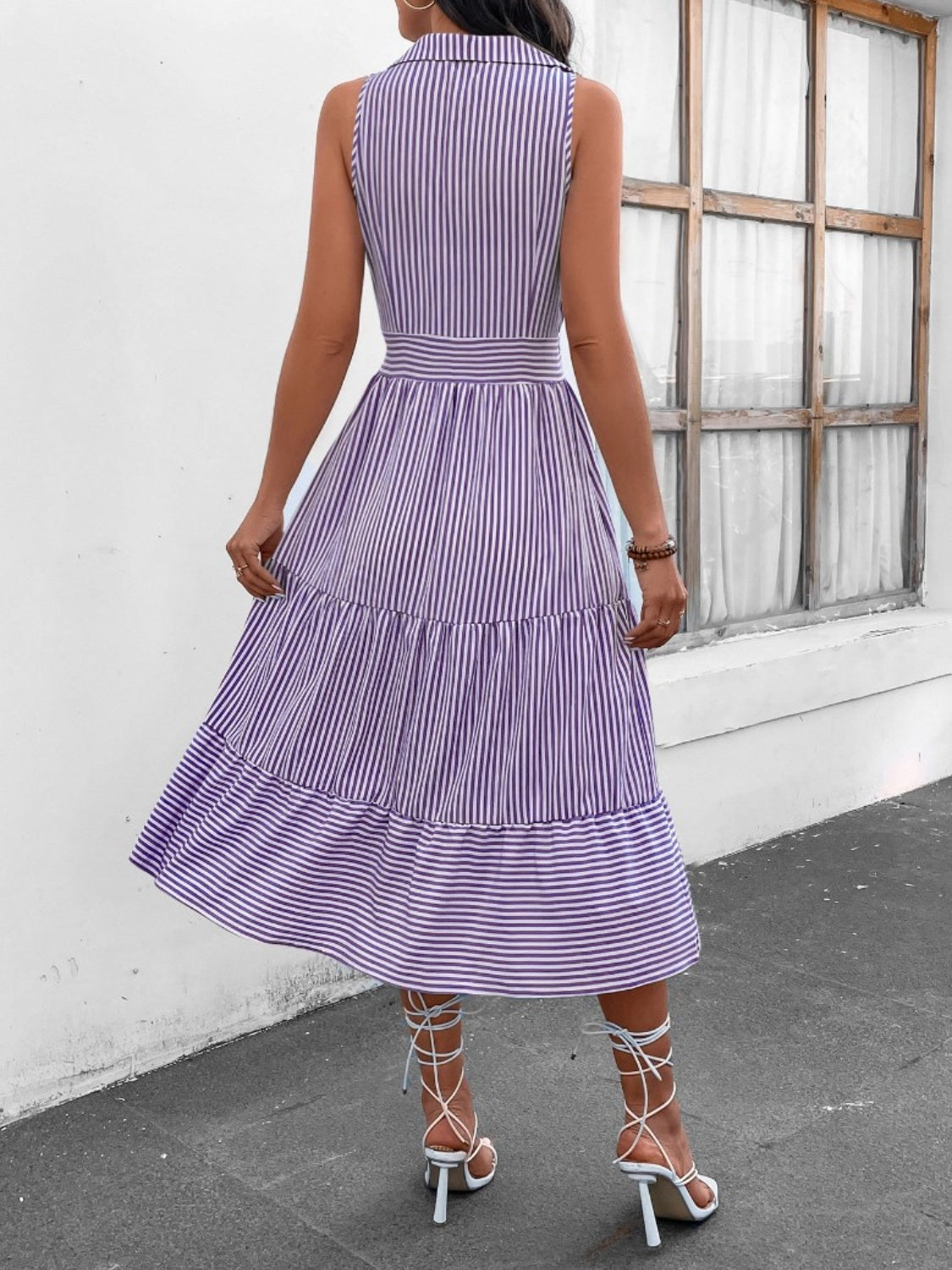 Striped Johnny Collar Sleeveless Midi Dress - Brinxx Couture