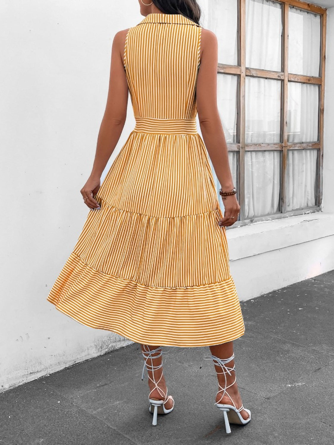 Striped Johnny Collar Sleeveless Midi Dress - Brinxx Couture