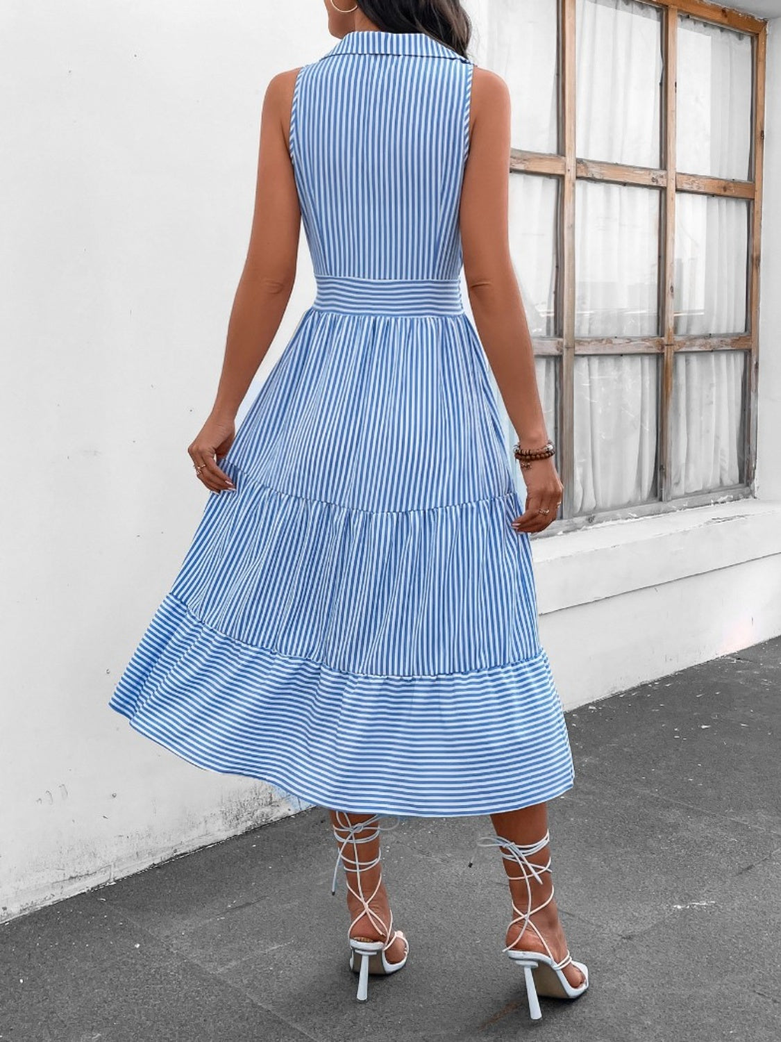 Striped Johnny Collar Sleeveless Midi Dress - Brinxx Couture