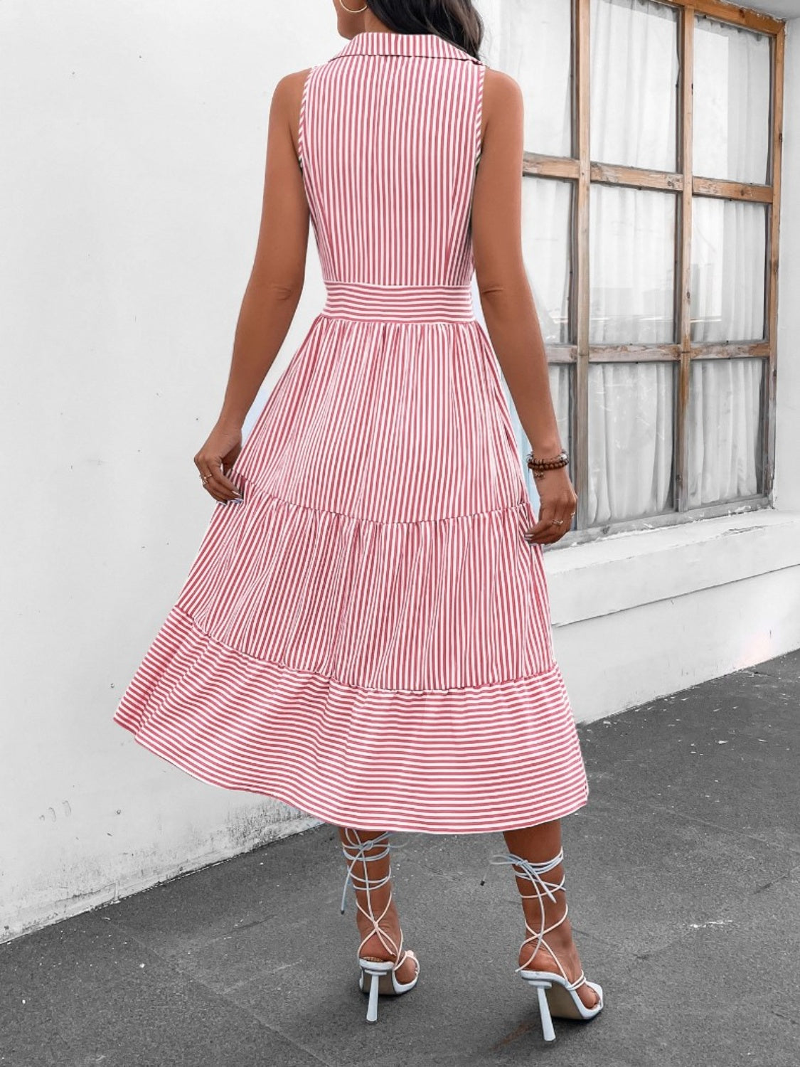 Striped Johnny Collar Sleeveless Midi Dress - Brinxx Couture