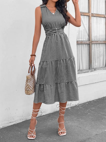 Striped Johnny Collar Sleeveless Midi Dress - Brinxx Couture