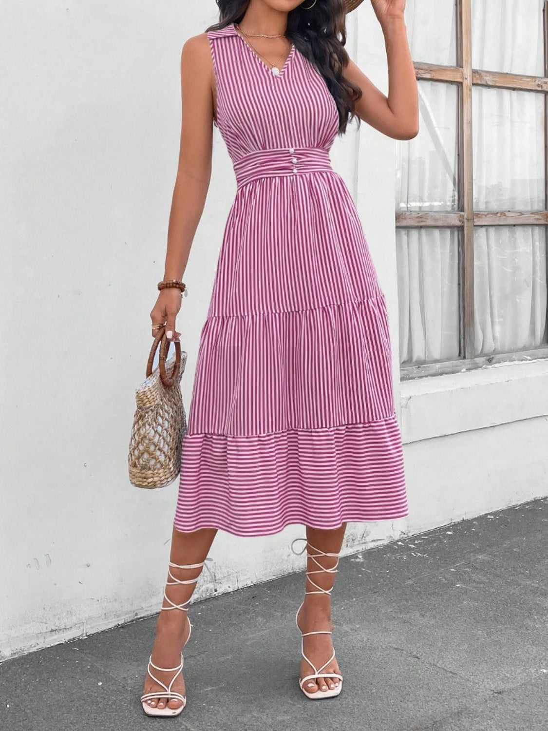 Striped Johnny Collar Sleeveless Midi Dress - Brinxx Couture